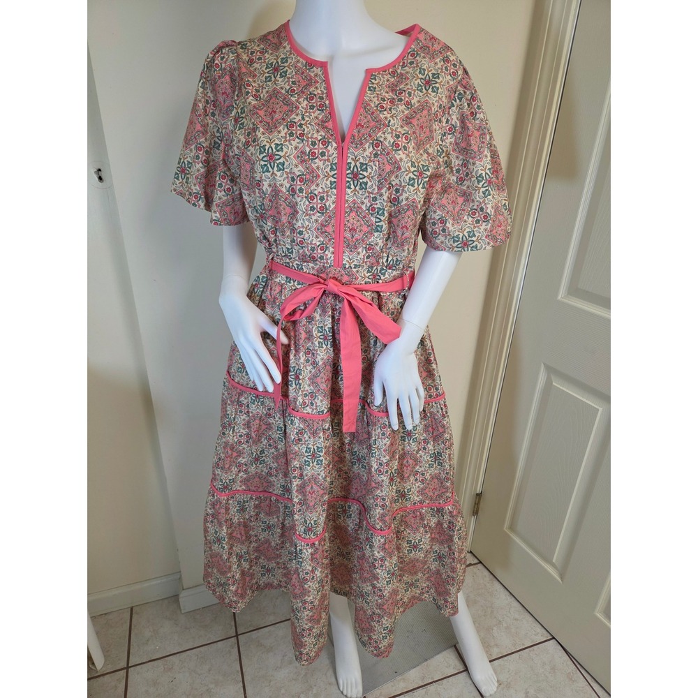 &merci Pink Paisley Floral Cotton Tiered Midi Dress Split Neck Belted Large